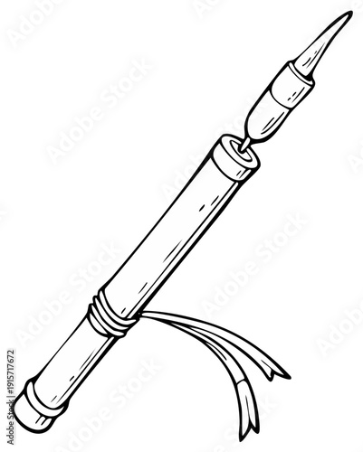 Hand drawn outline illustration of a traditional dart or small spear with a pointed tip and decorative ribbon