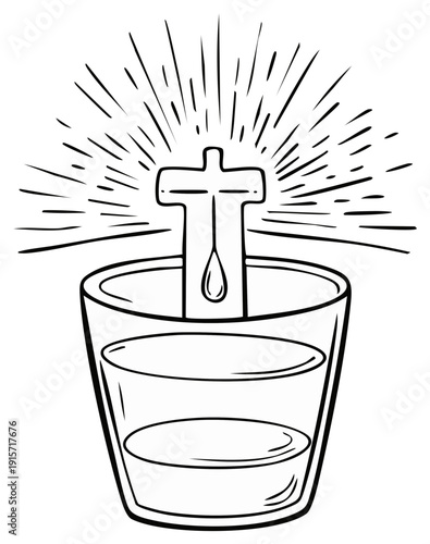 Cross with Holy Water Droplet and Bursting Light