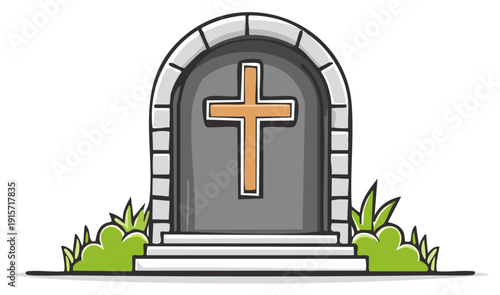 Cartoon illustration of a tombstone with cross. Vector illustration of a religious symbol in a graveyard setting. Suitable for Easter themes.