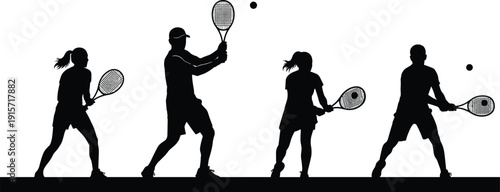 People playing tennis silhouette illustration sports activity dynamic motion flat vector