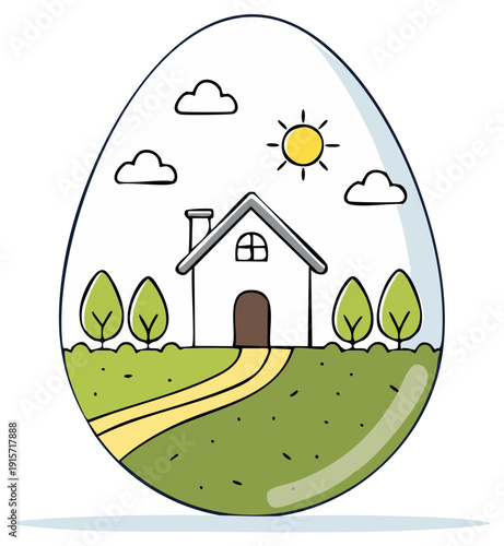 Cartoon scene inside an eggshell showing a house in the countryside with trees and a sunny sky