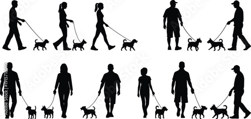 People walking dogs silhouette illustration showing pet care activity flat vector