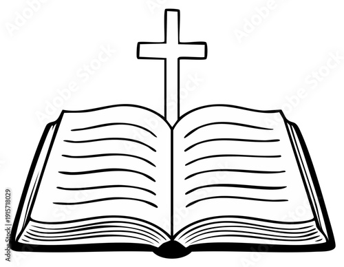 Open Holy Bible with Christian Cross symbolizing faith and spirituality in a simple line drawing illustration