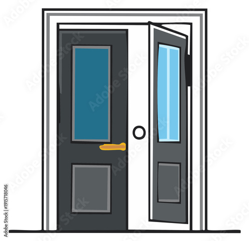 Illustration of an open grey door with blue glass in a white frame suggesting entrance or exit, welcoming home with a glimpse of the outdoors