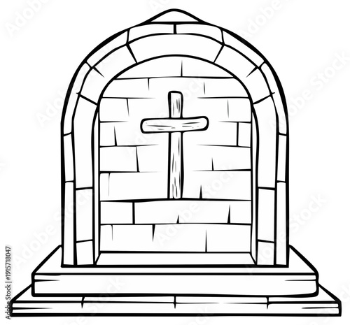 Architectural stone niche with Christian cross and arched doorway outline