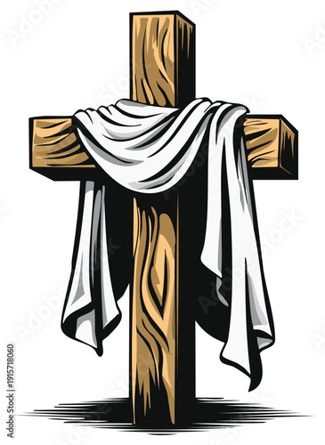 Wooden Cross draped with white cloth symbol of faith and sacrifice