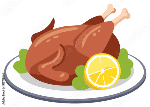Illustration of a whole roasted chicken with lemon garnish served on a plate for a holiday meal