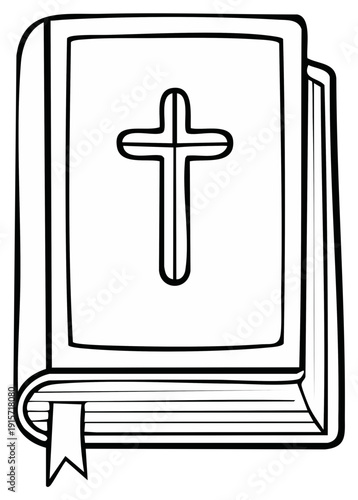 Closed religious book with Christian cross outline and bookmark on white. Church, Faith, Easter, and religious symbolism