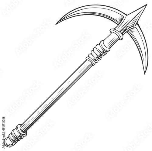 Detailed illustration of a vintage scythe with sharpened edges isolated on white