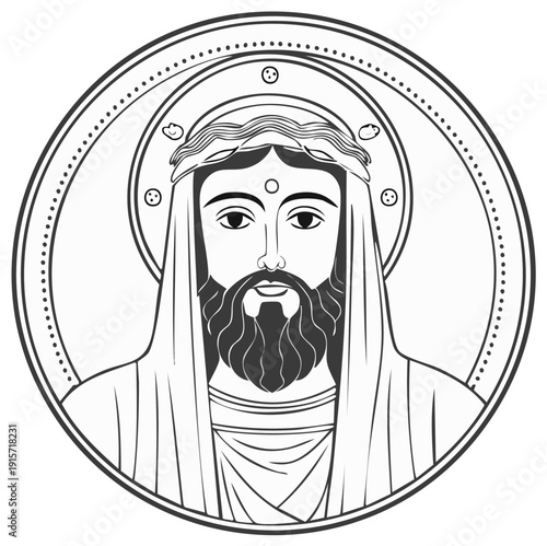 Religious Icon of a Saint with Crown and Halo in Circle Frame Graphic Illustration