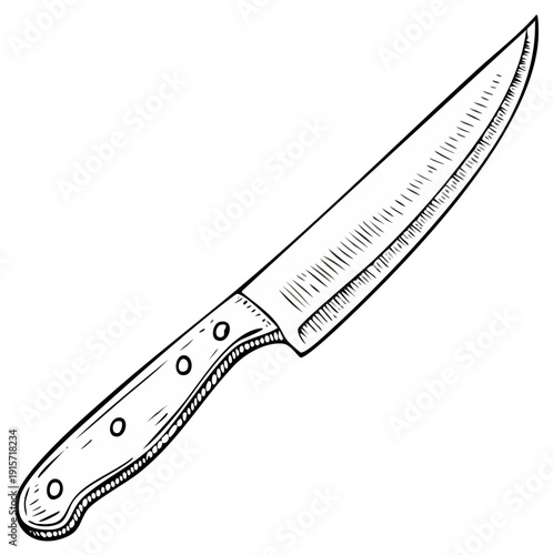 Detailed Line Art of a Kitchen Knife Featuring a Riveted Handle for Culinary Designs
