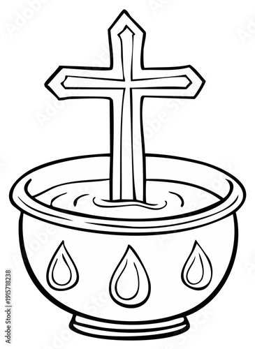 Religious holy water font with ornate cross and water ripples