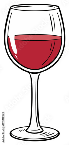 Illustration of a clear glass filled with deep red wine on a clear stem and base