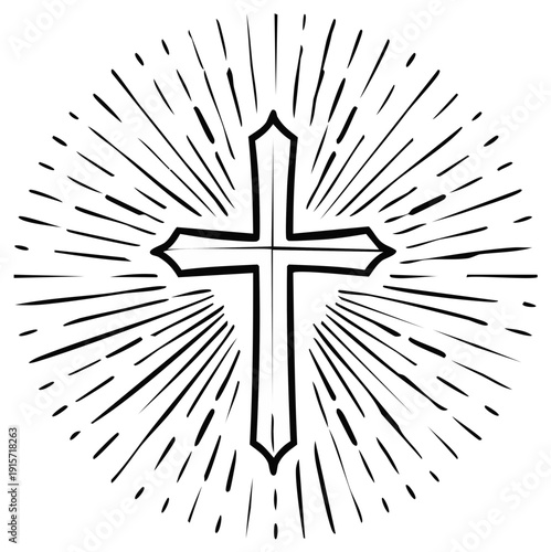 Radiant Christian Cross Symbol with Bursting Light Rays Hand Drawn Style