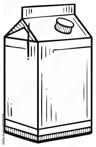 Hand drawn milk carton sketch, black and white line art illustration of a beverage container