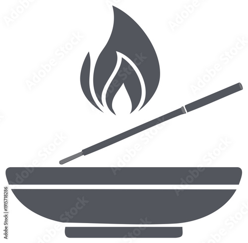 Spiritual offering symbol with burning incense stick and bowl and flame