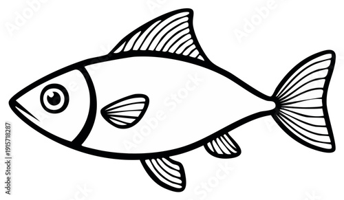 Simple Line Drawing of a Fish with Fins and Tail, Cartoon Style