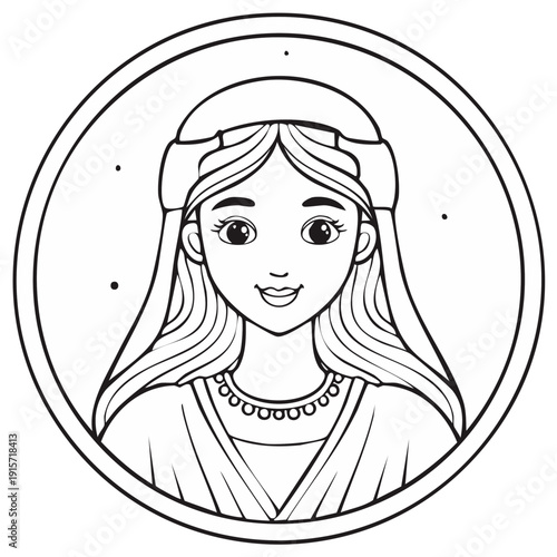 Beautiful historical female character portrait in a circular frame, vector line art for coloring book