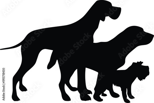 Three dogs different sizes silhouette flat vector illustration design