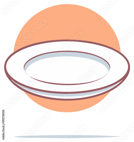 Stylized empty plate with abstract orange circle background, graphic flat design for food concepts.