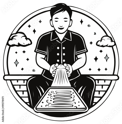Man meditating with energy flow, black and white illustration