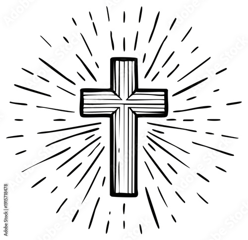 Rustic Hand Drawn Christian Cross with Sunburst Rays Symbolizing Faith and Hope