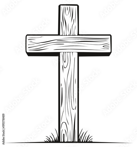 Wooden cross illustration with shadow and grass, symbol of religion and faith, in grayscale