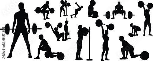 Weightlifting silhouette icon set, strength training illustration, vector graphic, fitness sport symbol, flat vector