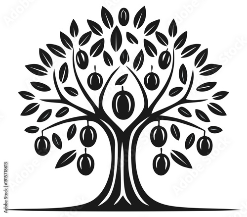 Stylized Black Silhouette of a Fruit Tree with Plum Fruits and Leaves