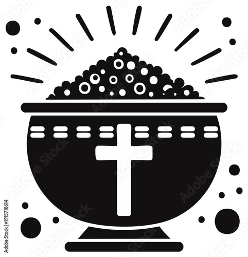 Religious Bowl of Offerings Symbol with Cross and Radiant Embellishments