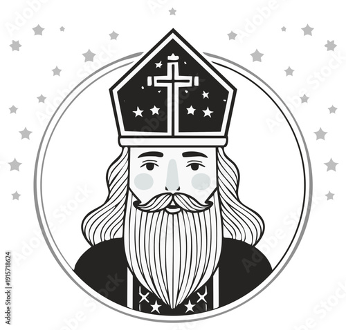 Saint Nicholas illustration with beard, mustache, and mitre, framed by stars and circle