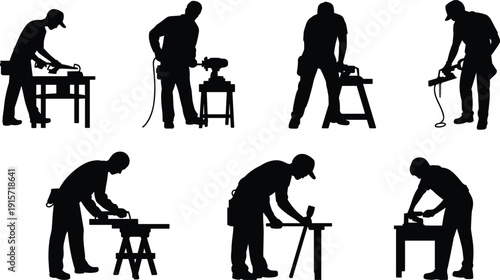 Woodworkers carpentry tasks using tools silhouette flat vector illustration design