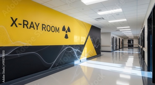 Modern Hospital Corridor With X-Ray Room Signage, Clean Design, And Bright Interior