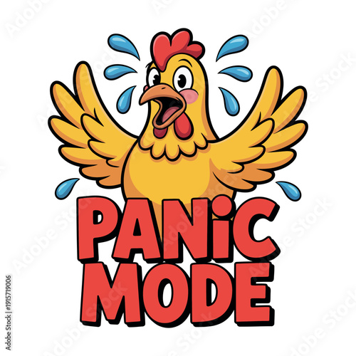 A cartoon chicken in panic mode with sweat drops and open wings on white background