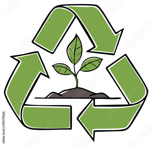 Green seedling sprouts within recycling symbol illustrating ecological sustainability and growth