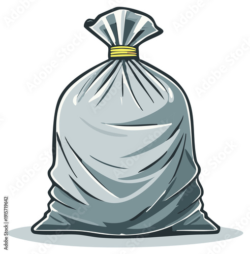 Full Gray Plastic Trash Bag Tied Securely at the Top with a Yellow Band