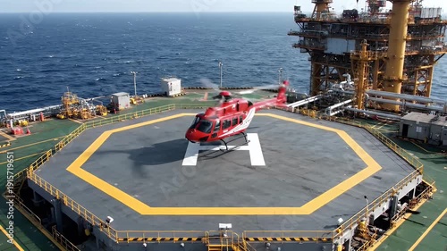 Red Helicopter Landing on Offshore Platform Helipad with Blue Sea Backdrop for Oil and Gas Transportation