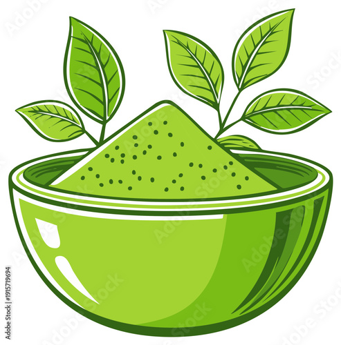 Vibrant green matcha powder in a bowl with fresh tea leaves illustration