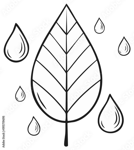 Outline of a single leaf surrounded by scattered raindrops
