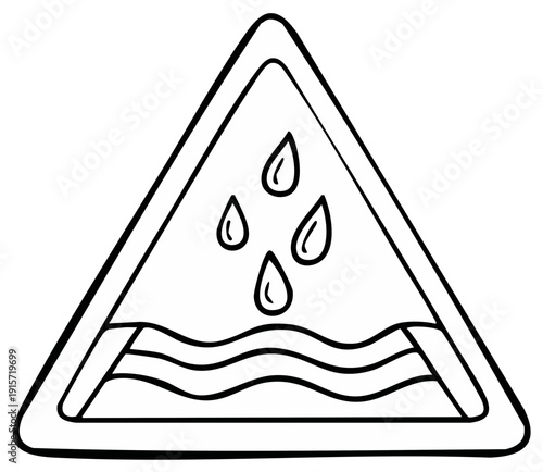 Warning sign for potential flood conditions with water drops and waves inside triangle