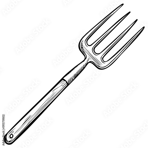 Vintage style farmer agricultural four tined digging fork garden tool illustration artwork