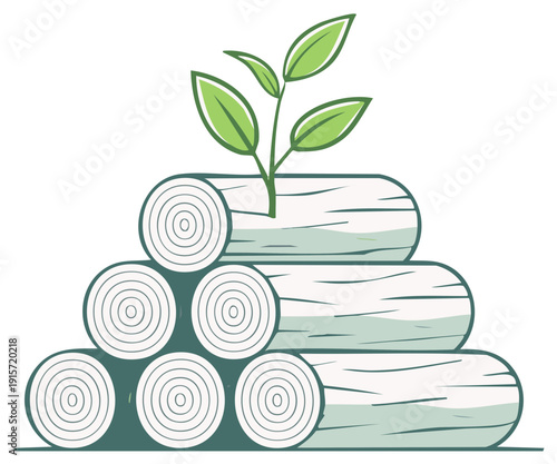 Green sprout emerging from stacked logs symbolizing sustainability and natural growth