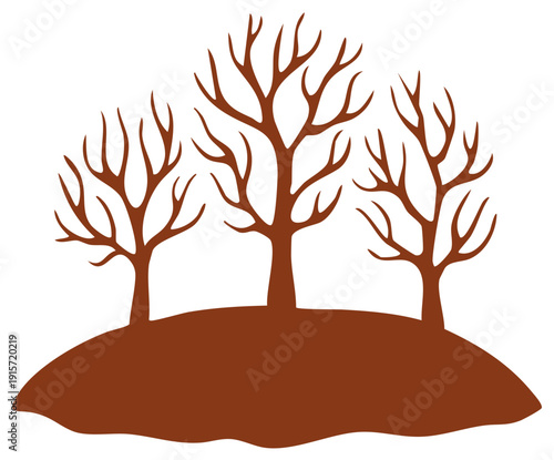 Stylized illustration of three bare trees on a small brown hill minimalist nature landscape graphic