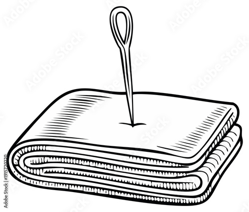 Needle piercing layers of folded fabric, graphic black and white illustration