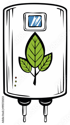 Electric Water Heater with Green Leaf Design Clean Energy Concept Illustration