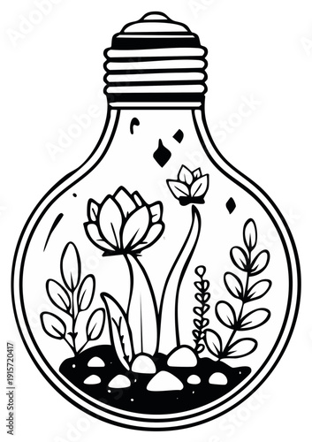 Whimsical lightbulb terrarium filled with blooming plants and delicate foliage in a stylized illustration