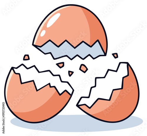 Cartoon eggshell cracked open, showing the inside. Concept of breaking, hatching, and fresh start.