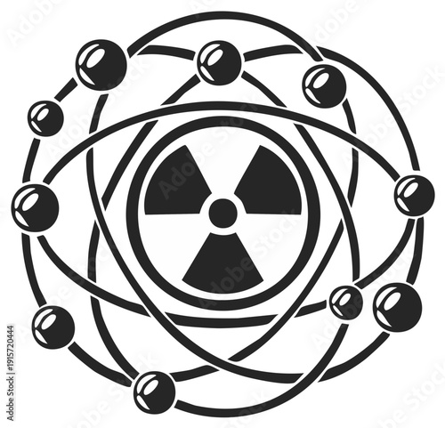 Nuclear atom model with electrons orbiting a radiation hazard symbol