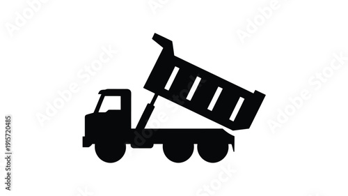 Silhouette of a dump truck with raised bed on white background