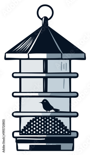 Bird feeder with perched bird, vector illustration
